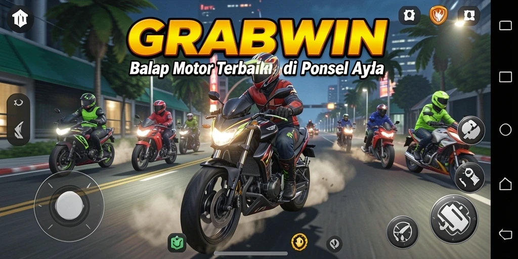 Tampilan balapan seru di GRABWIN dengan motor cepat dan trek menantang.