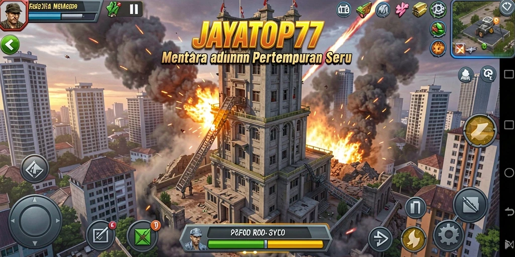 Screenshot gameplay menampilkan pertempuran Tower Defense yang intens.
