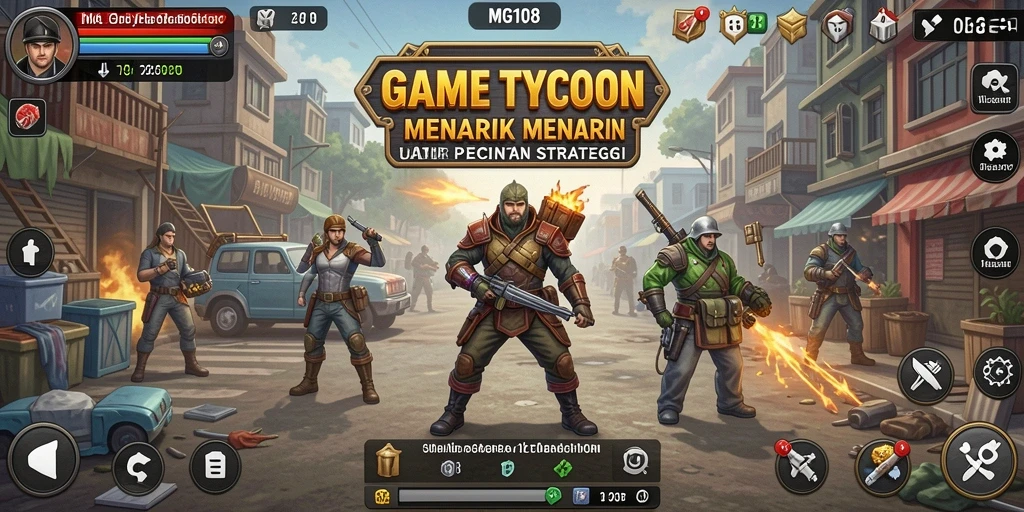 Tampilan gameplay MG108 yang menampilkan elemen strategi bisnis.