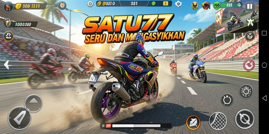 Screenshot gameplay <strong>SATU77</strong> dengan balapan motor yang mendebarkan.