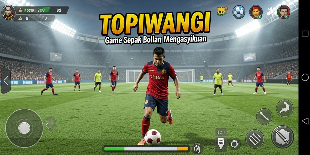 Screenshot utama TOPIWANGI menampilkan aksi seru dalam permainan sepak bola.